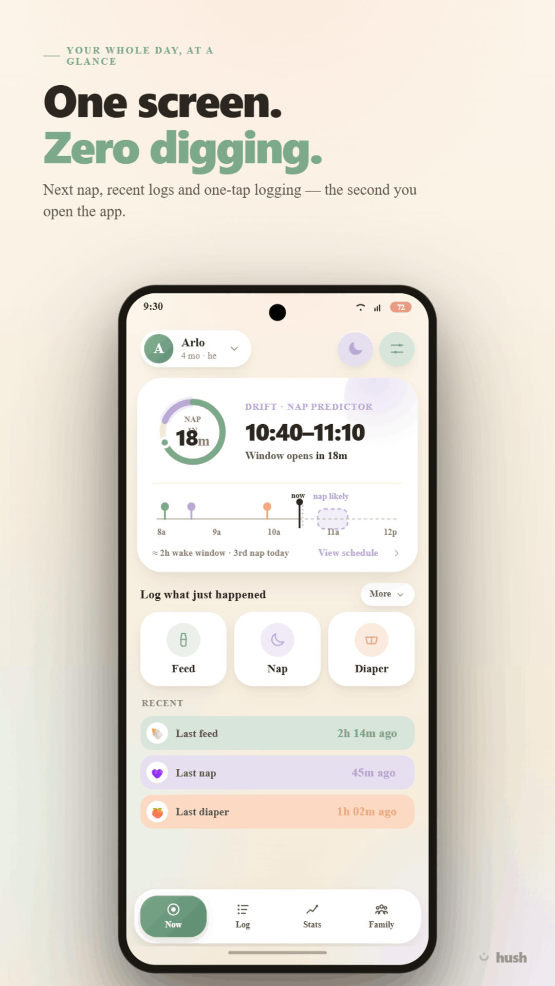 Hush home screen — the day at a glance with the Drift nap predictor